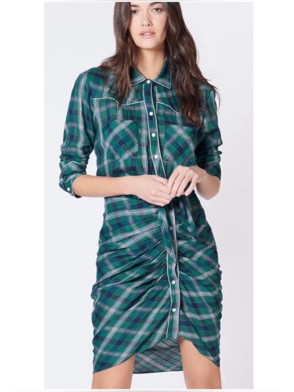 Veronica Beard Sierra Green Plaid Button Front Shirtdress Size 0 Gwen Stefani